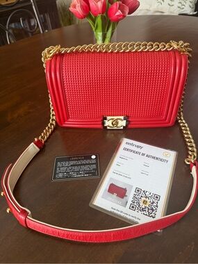 CHANEL Red Quilted Boy Bag with Gold Chain Hardware